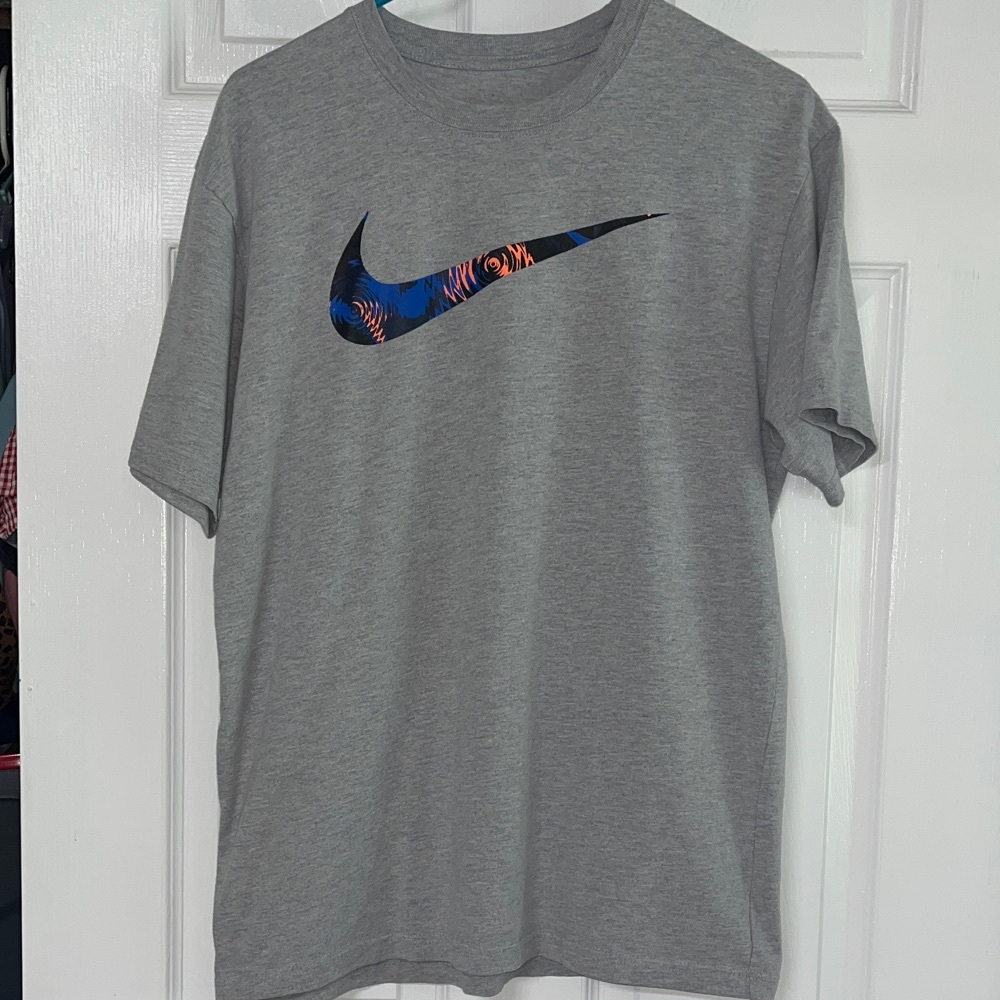 Nike Gray T-Shirt with Blue and Orange Logo